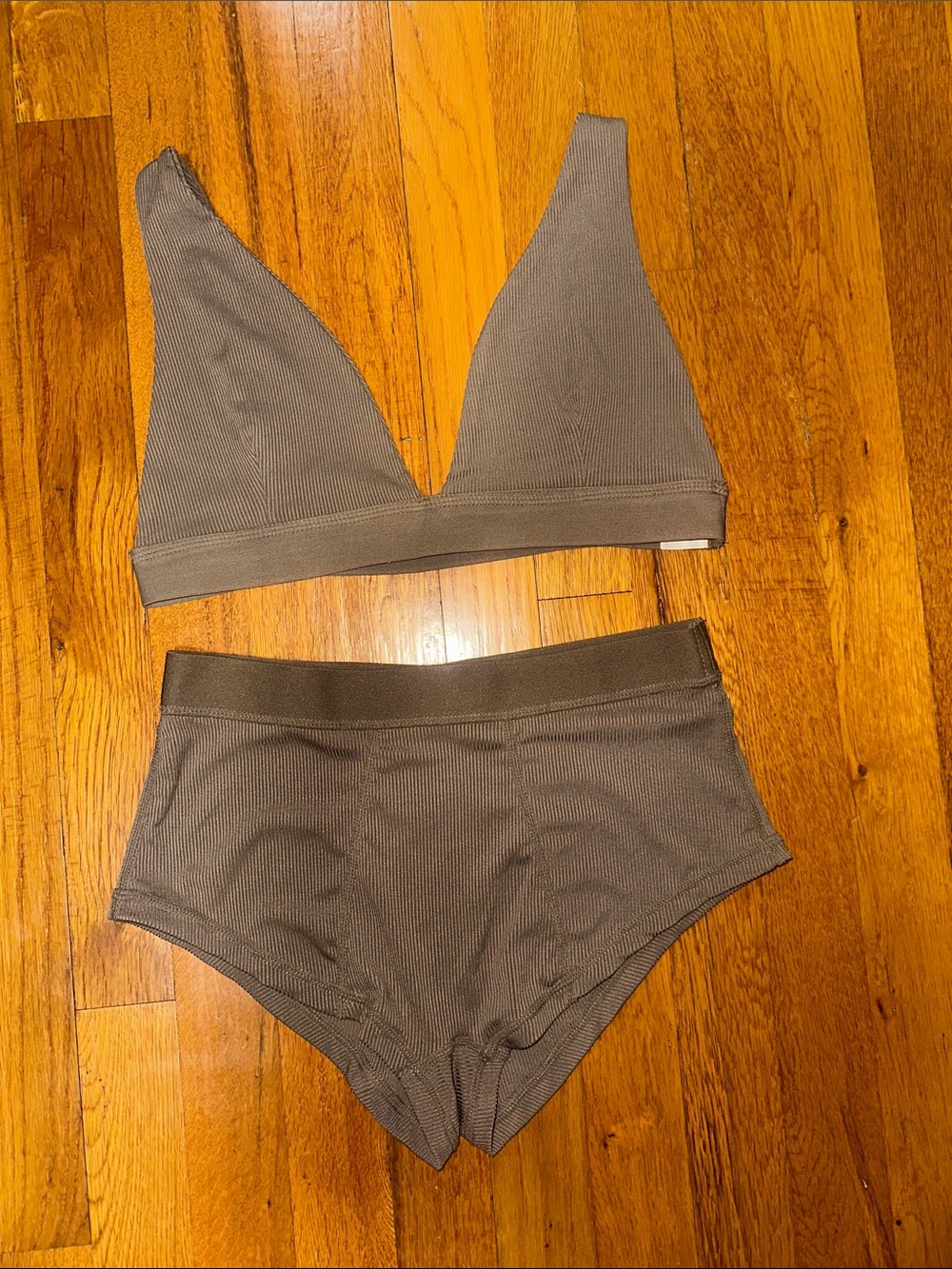 Ribbed Deep V Bralette and High-Waist Briefs — Taupe SET